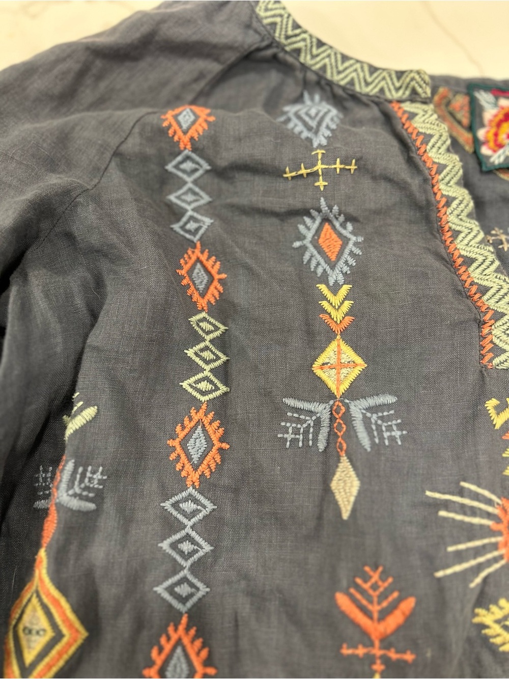 Johnny Was Gray Button-Down Shirt with Orange, Yellow and Blue Embroidery - Picture 3 of 7